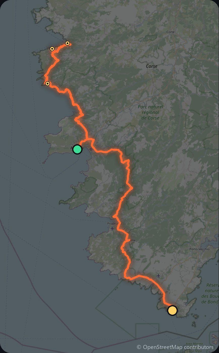 Map of the Ajaccio to Bonifacio driving route