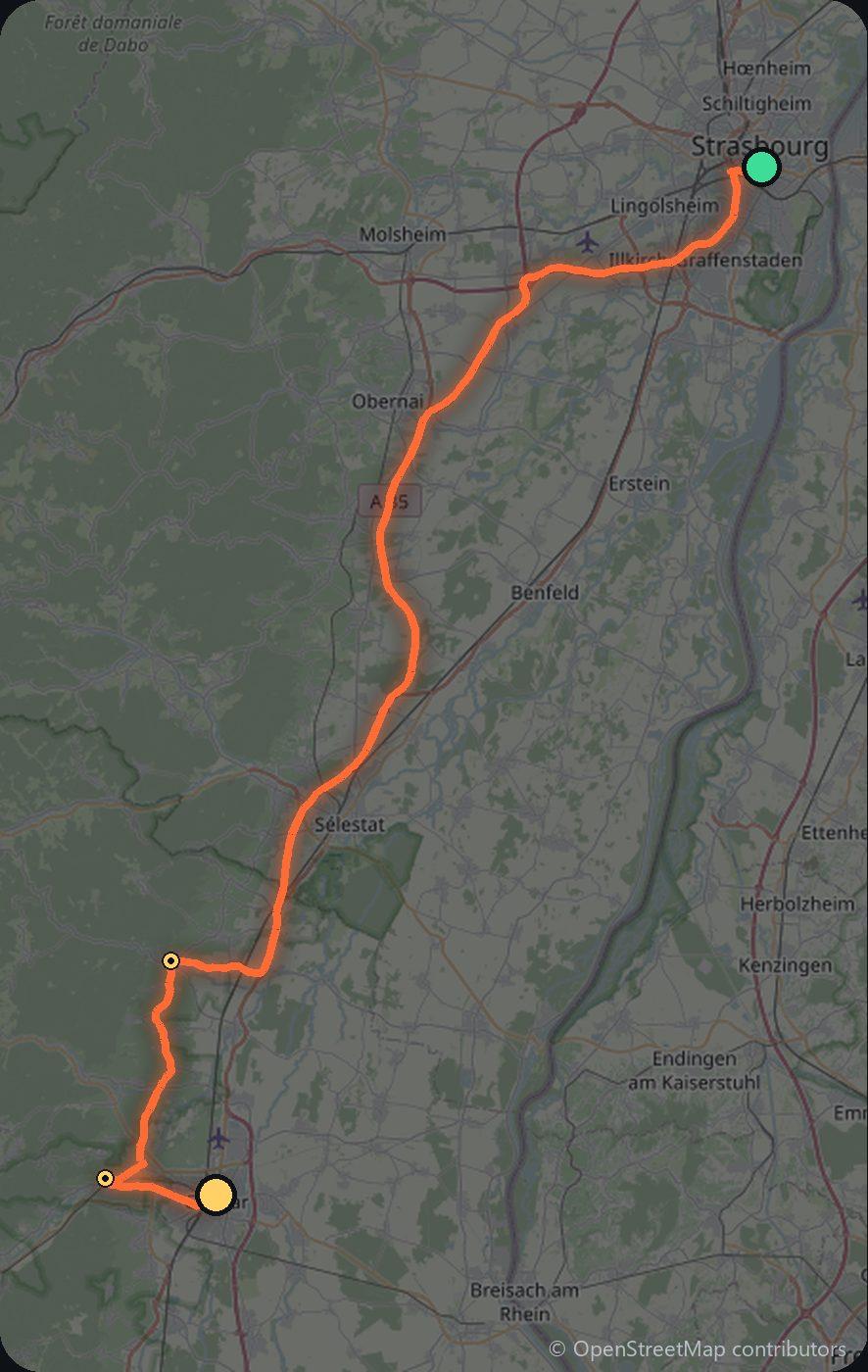 Map of the Strasbourg to Colmar driving route