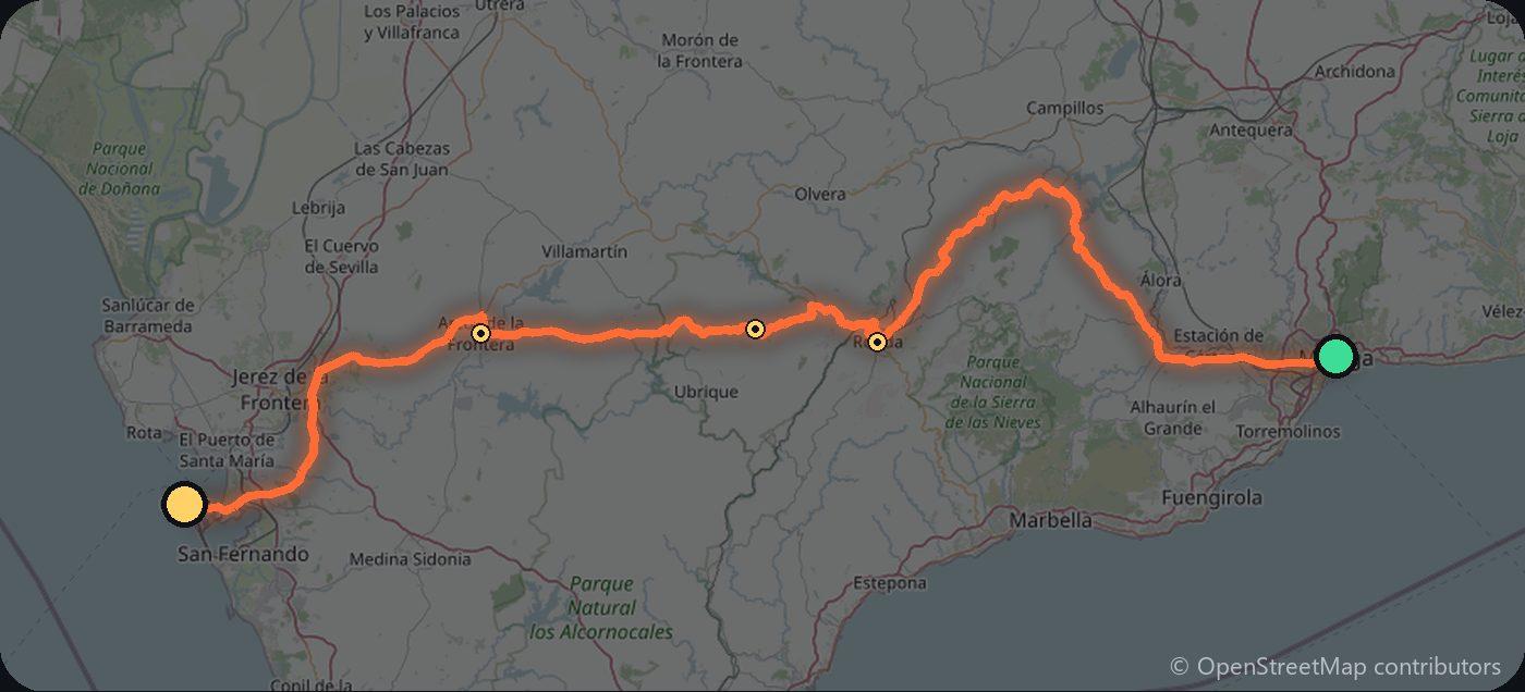 Map of the Málaga to Cádiz driving route