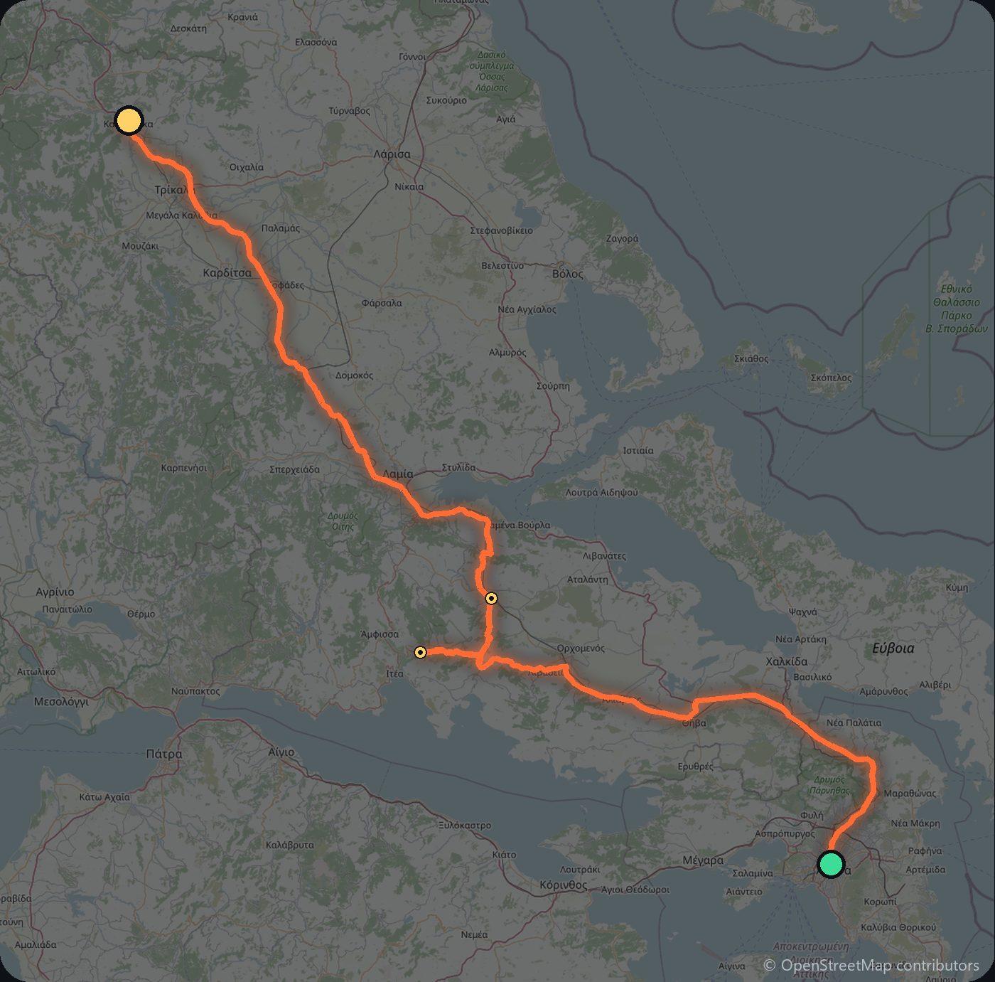 Map of the Athens to Meteora driving route