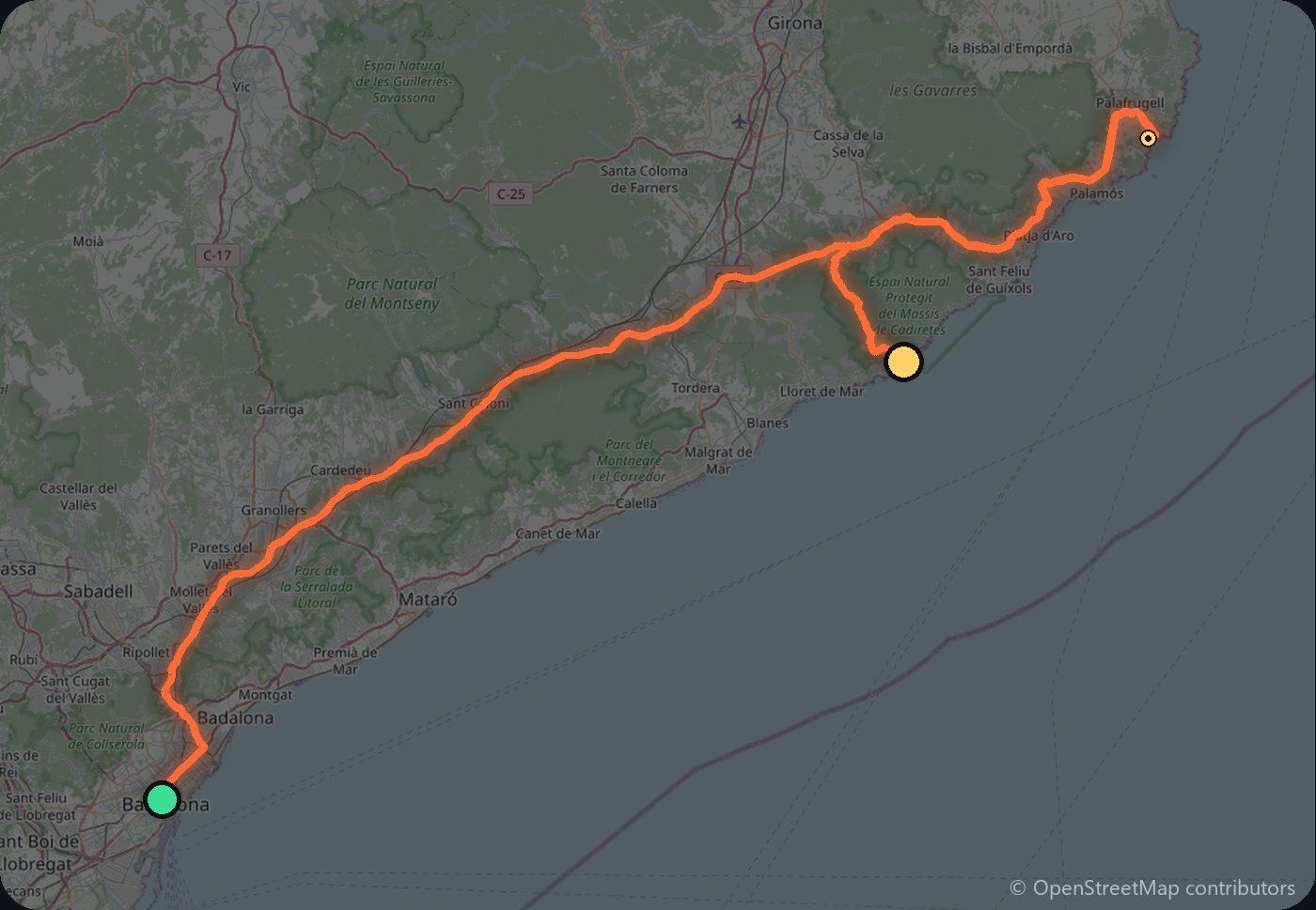 Map of the Barcelona to Costa Brava driving route