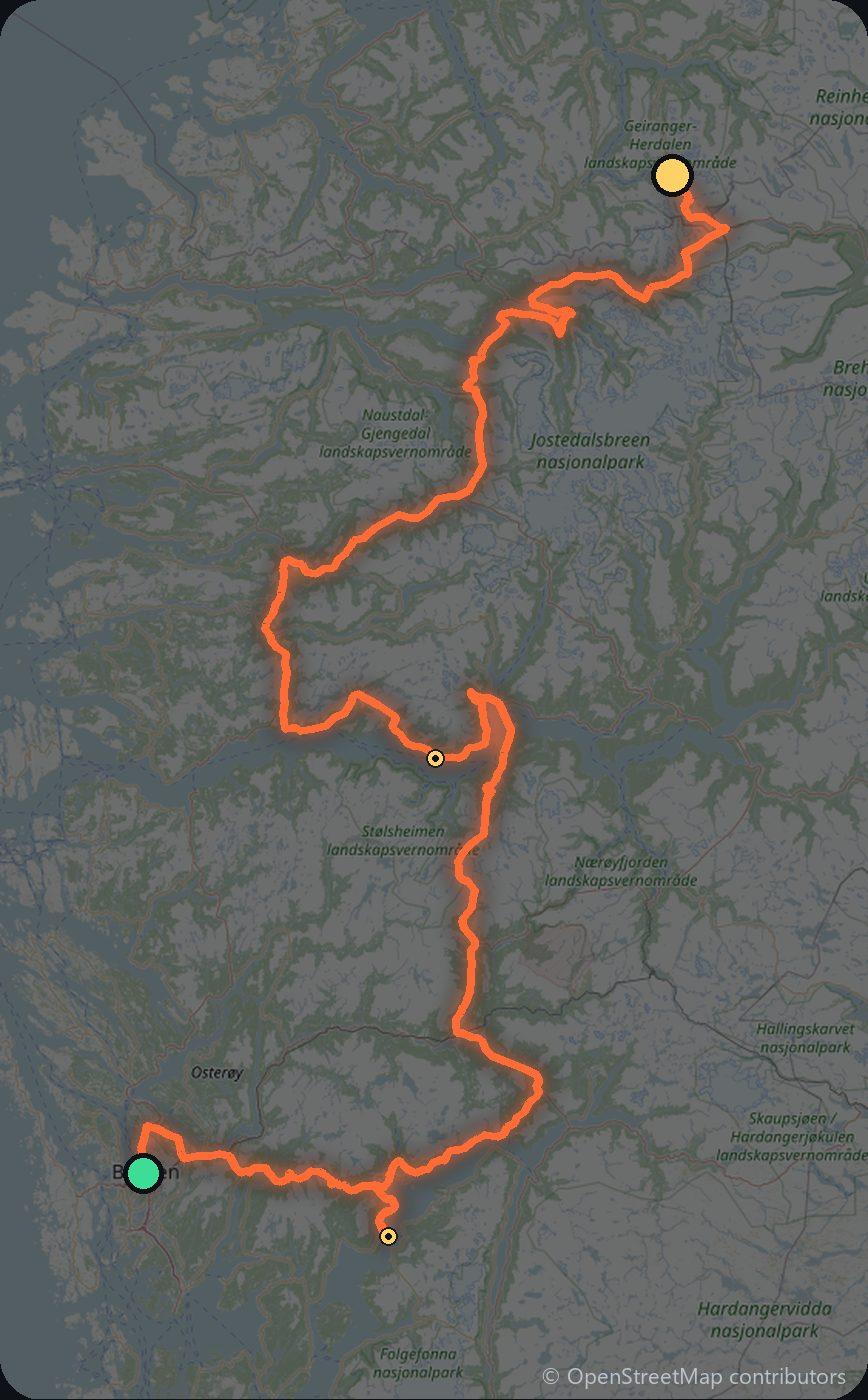 Map of the Bergen to Geiranger driving route