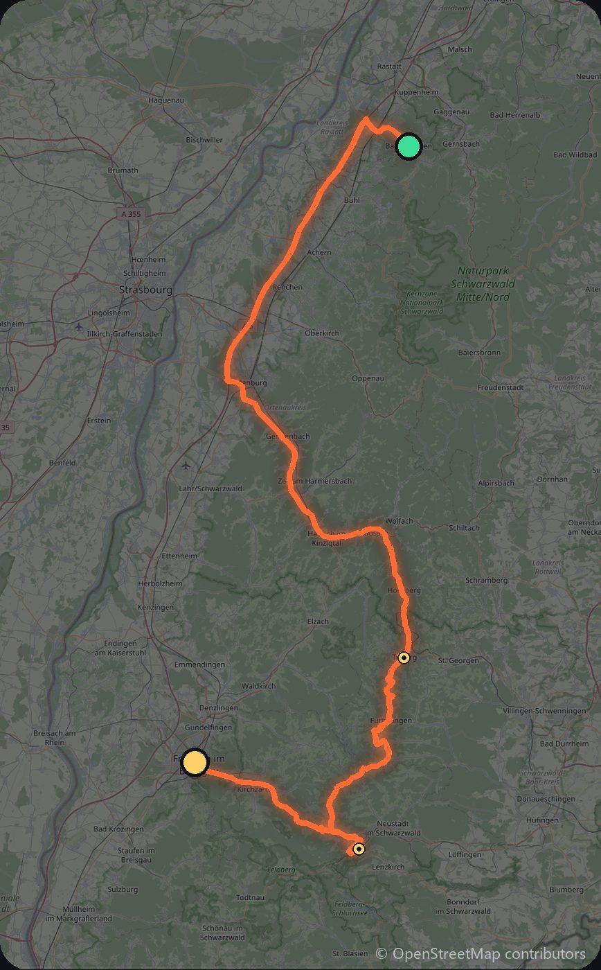 Map of the Baden-Baden to Freiburg driving route