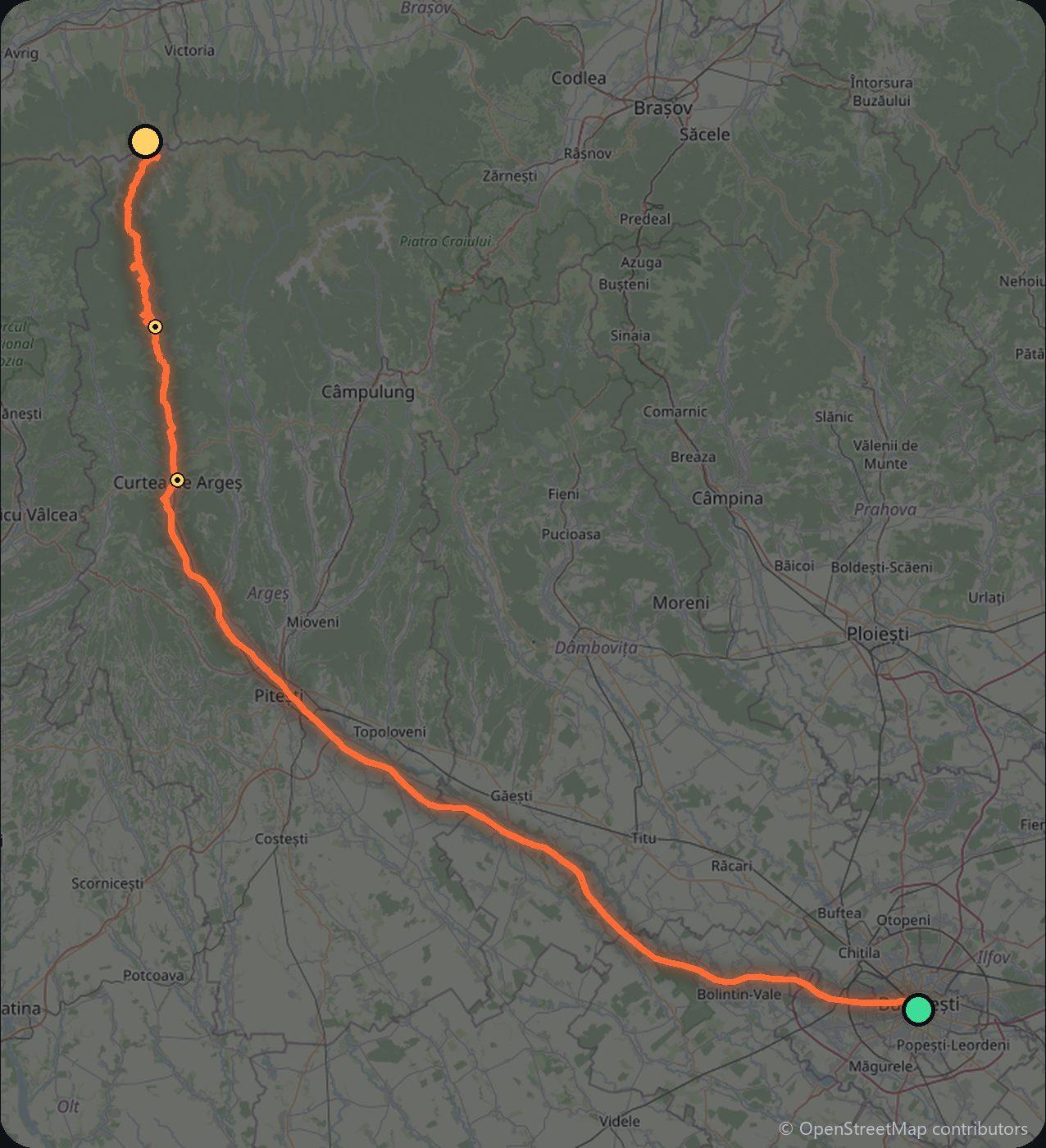 Map of the Bucharest to Transfăgărășan driving route