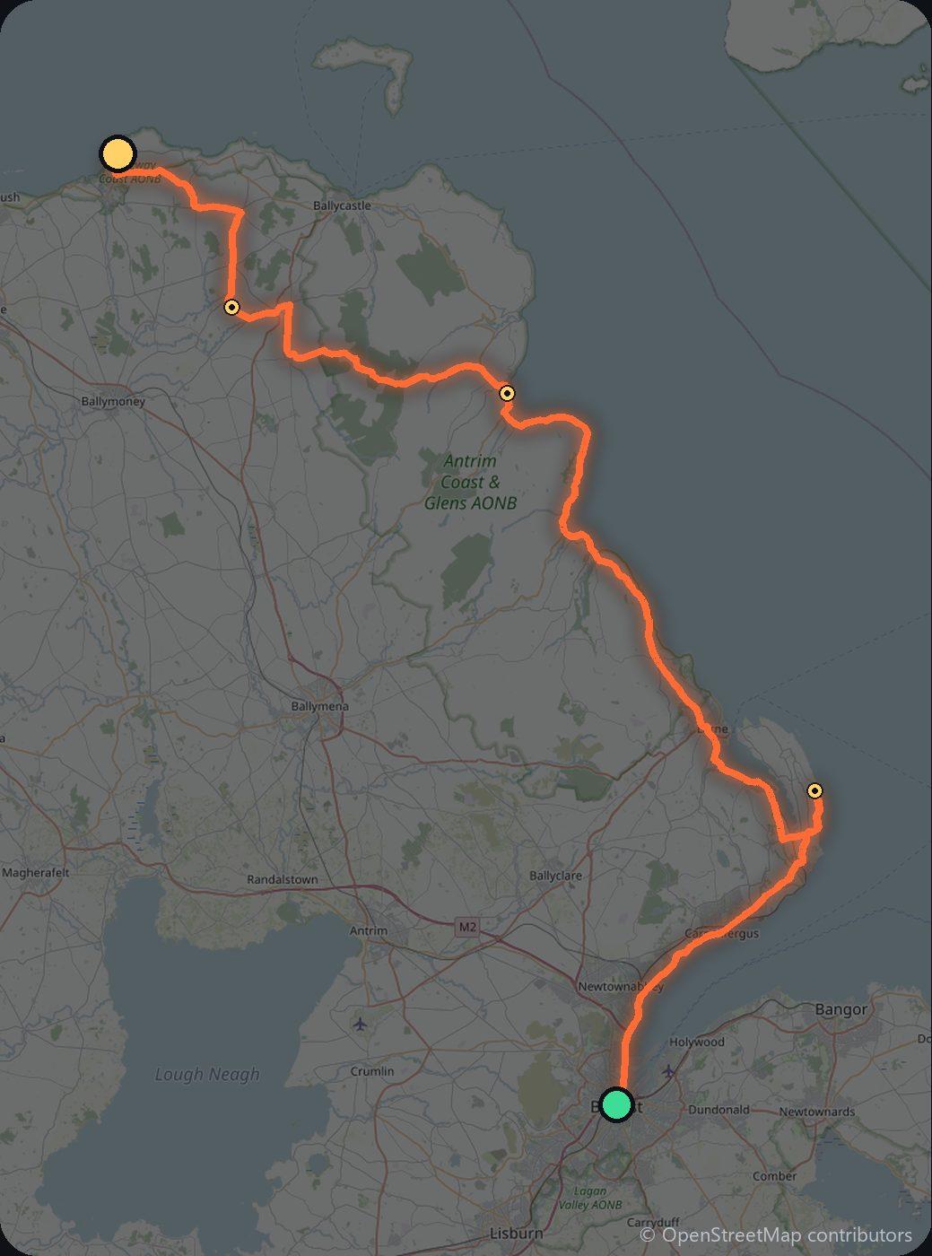 Map of the Belfast to Giant's Causeway driving route