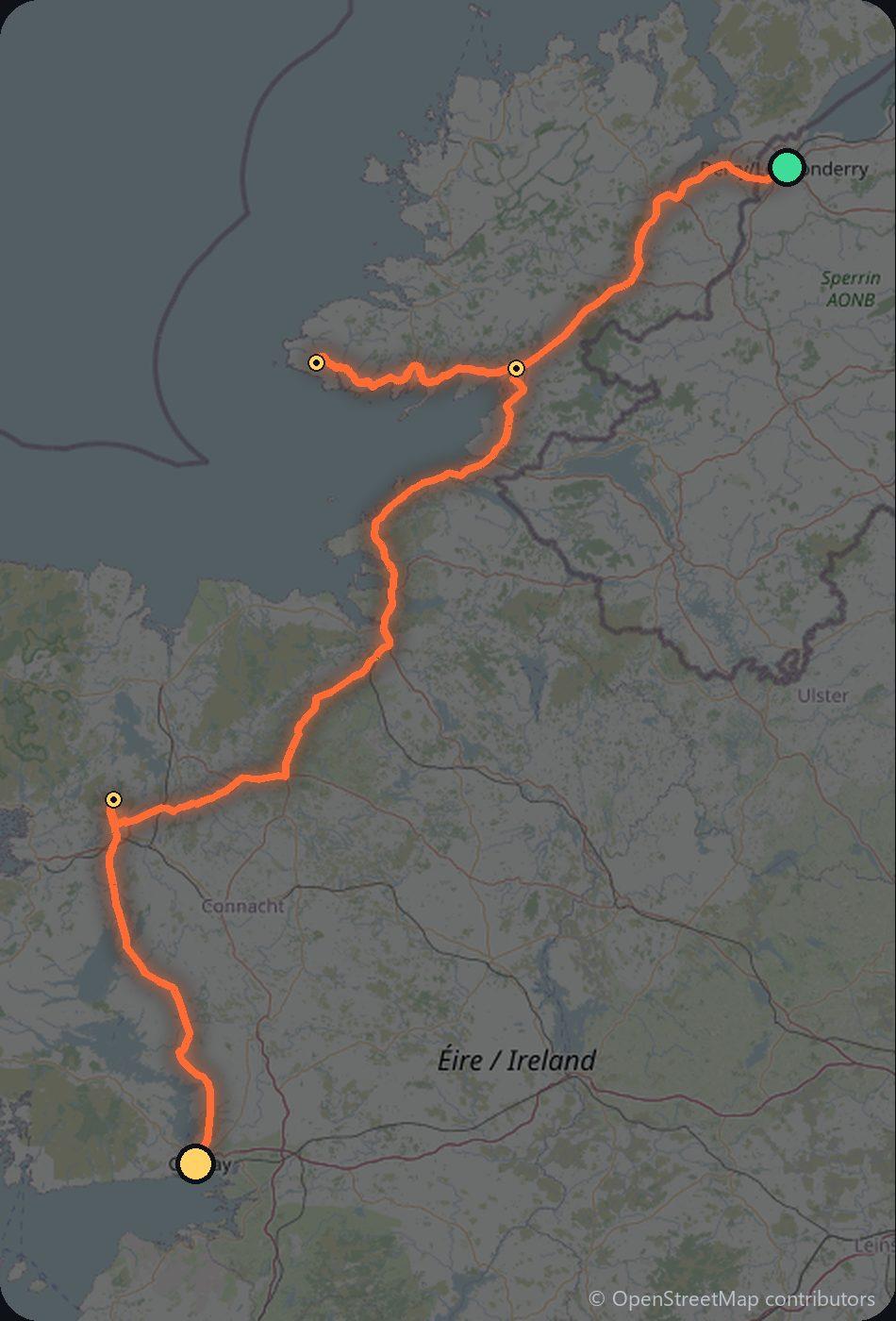 Map of the Derry to Galway driving route