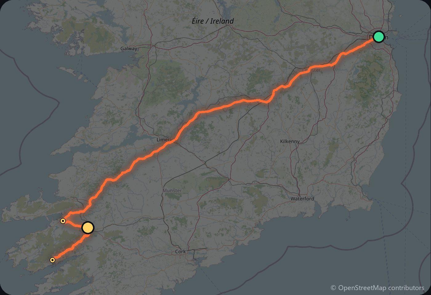 Map of the Dublin to Killarney driving route