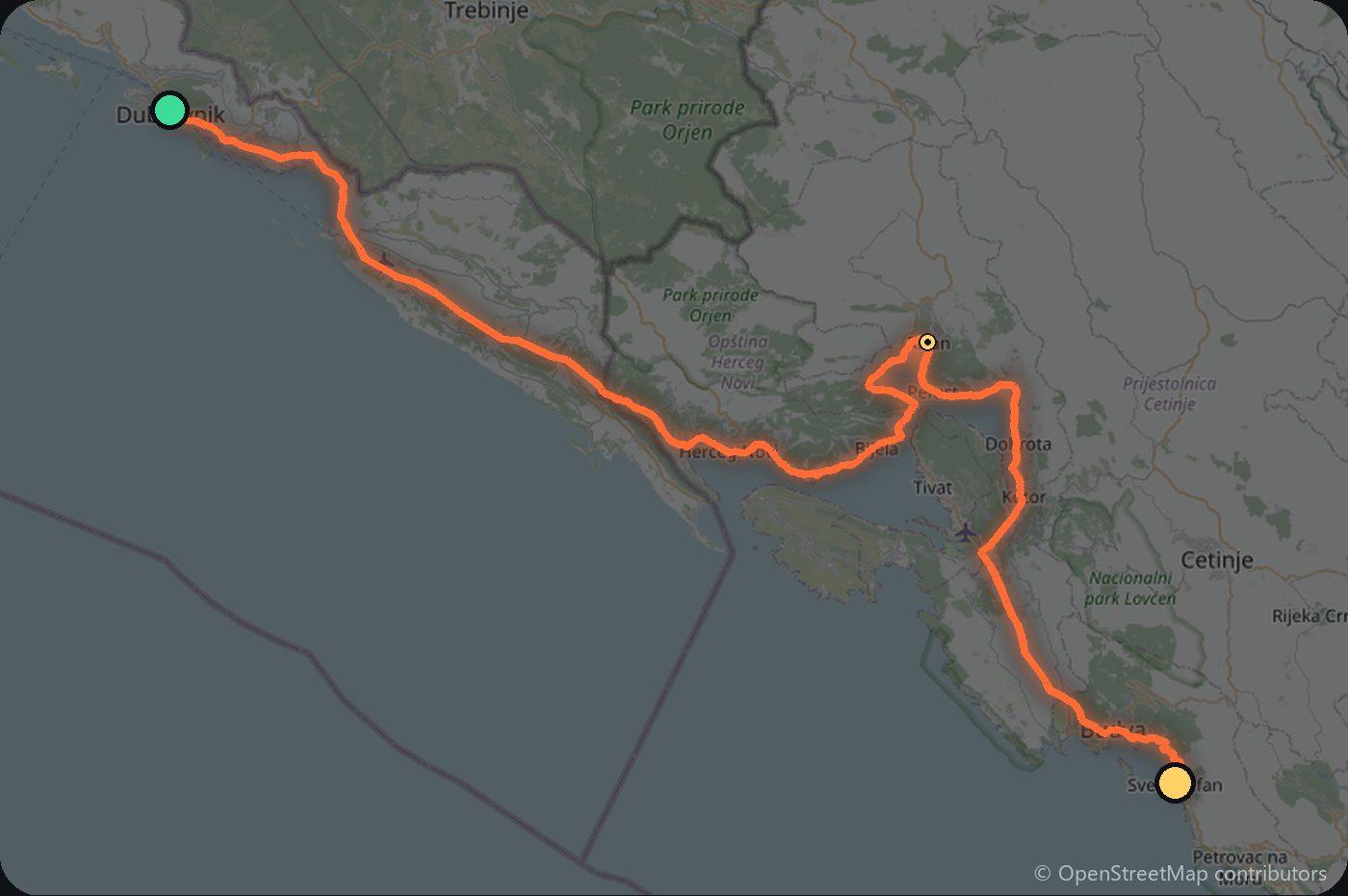 Map of the Dubrovnik to Sveti Stefan driving route