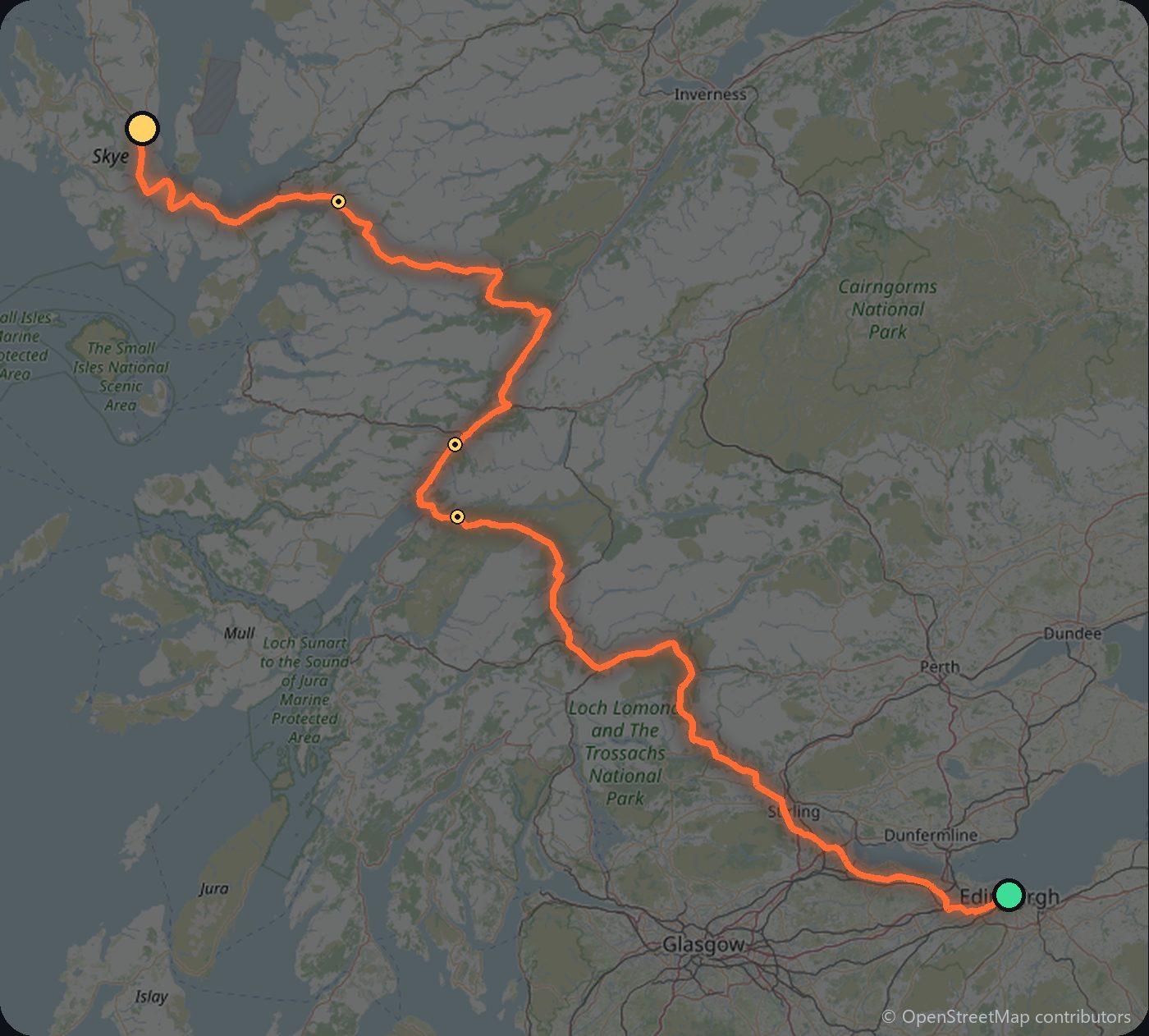 Map of the Edinburgh to Isle of Skye driving route