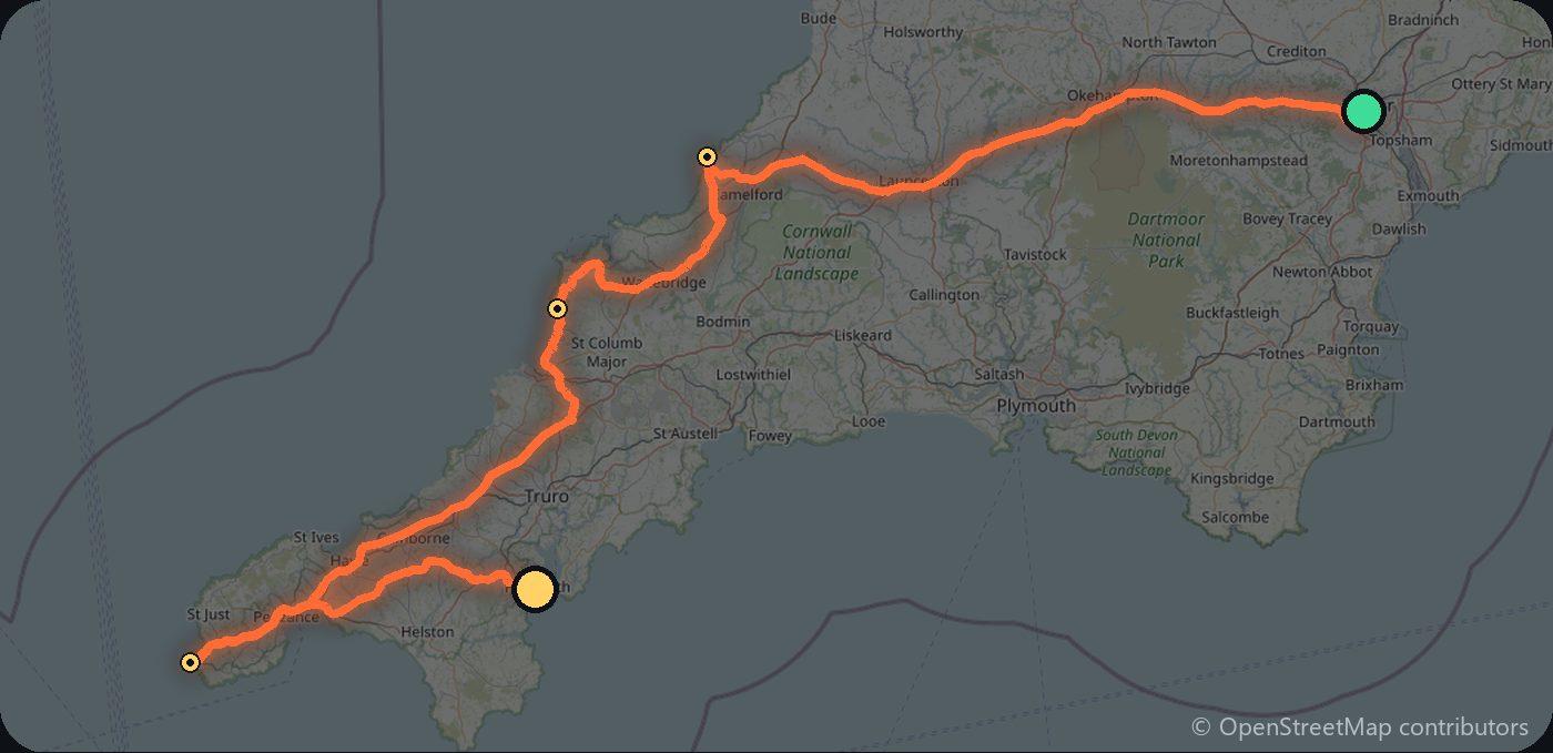 Map of the Exeter to Falmouth driving route