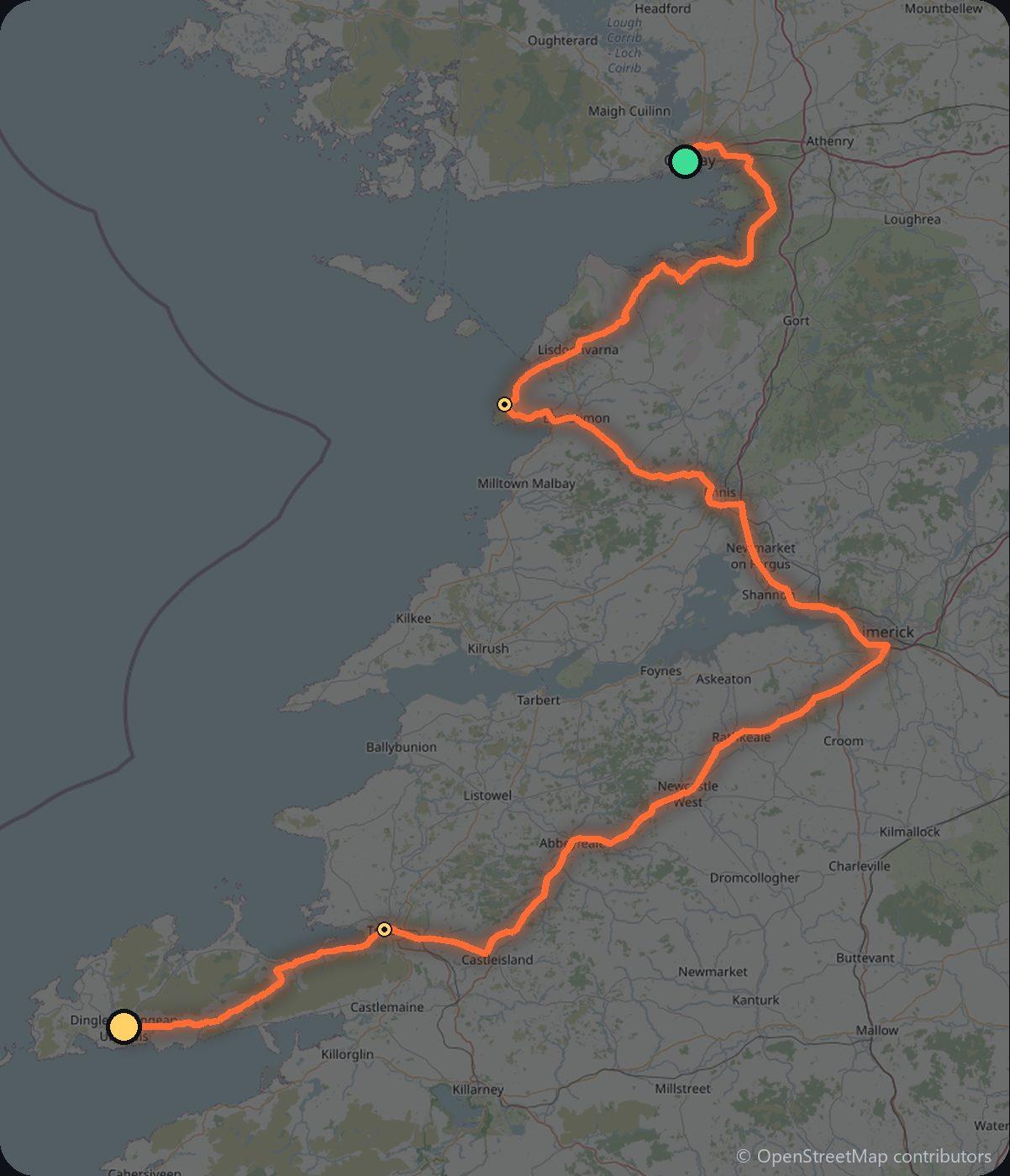 Map of the Galway to Dingle driving route