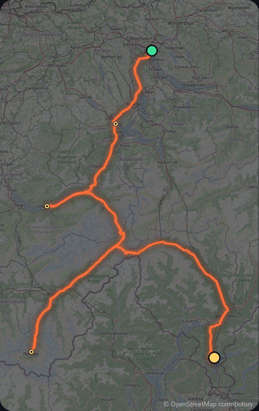Map of the Zürich to Lugano driving route
