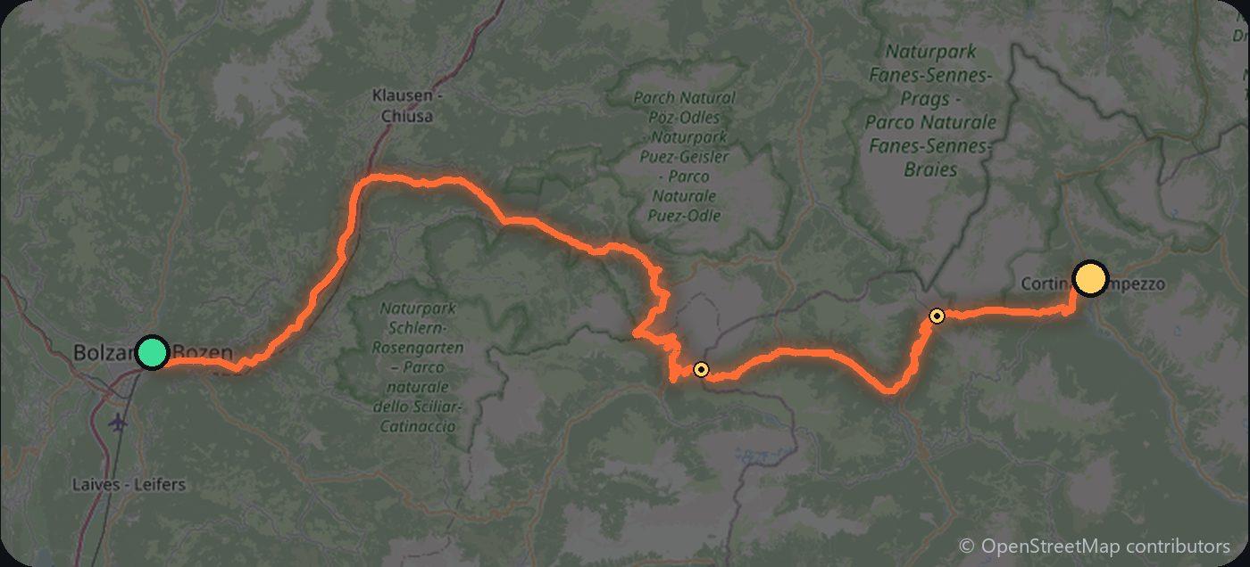 Map of the Bolzano to Cortina d'Ampezzo driving route