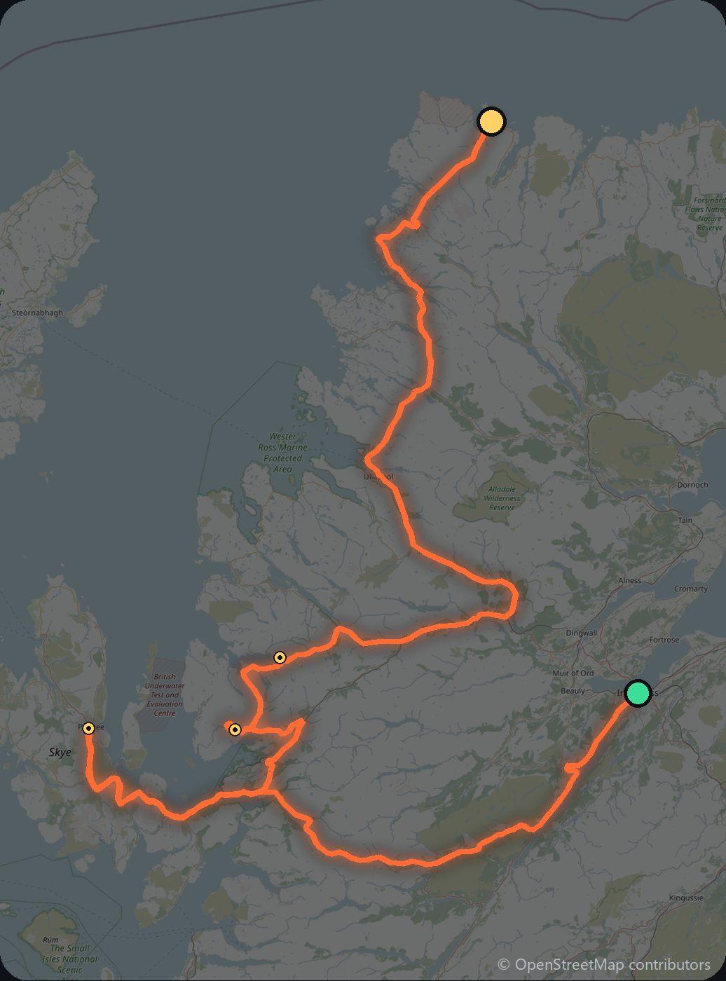 Map of the Inverness to Durness driving route