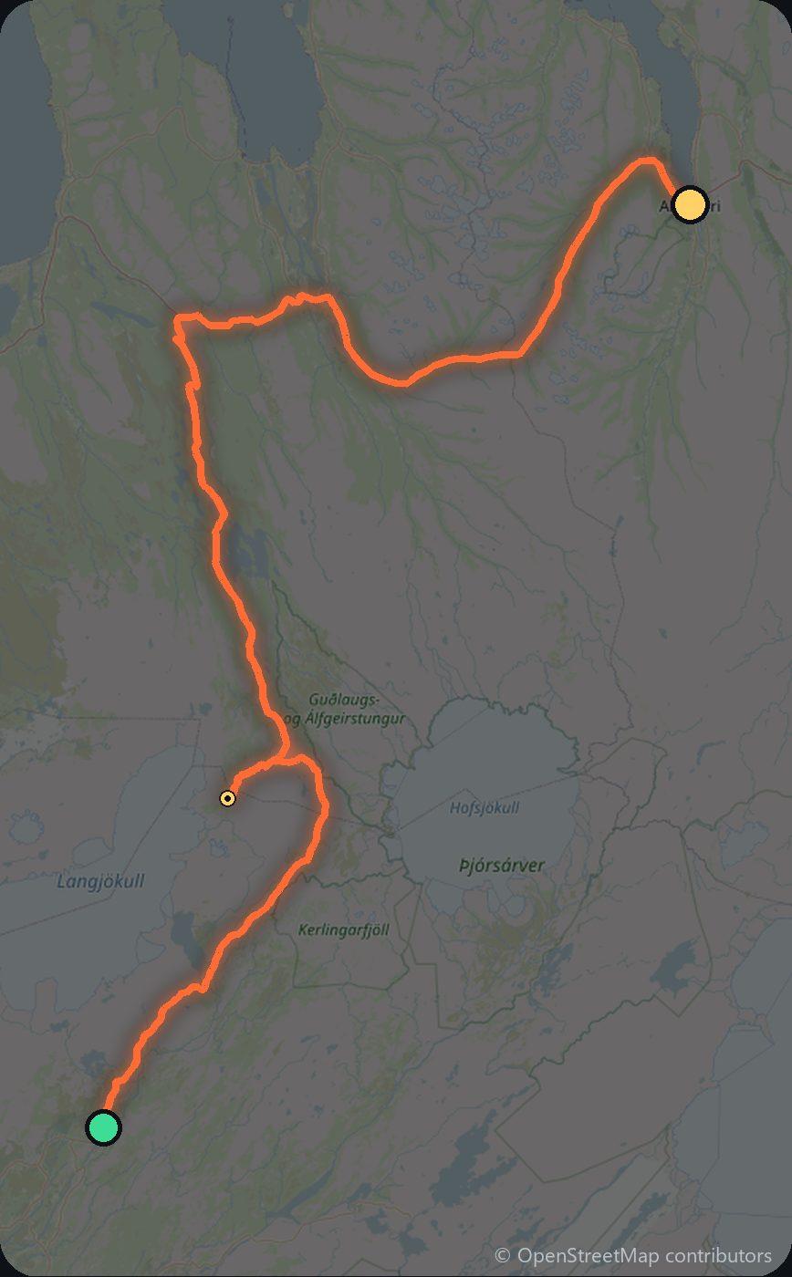 Map of the Gullfoss to Akureyri driving route