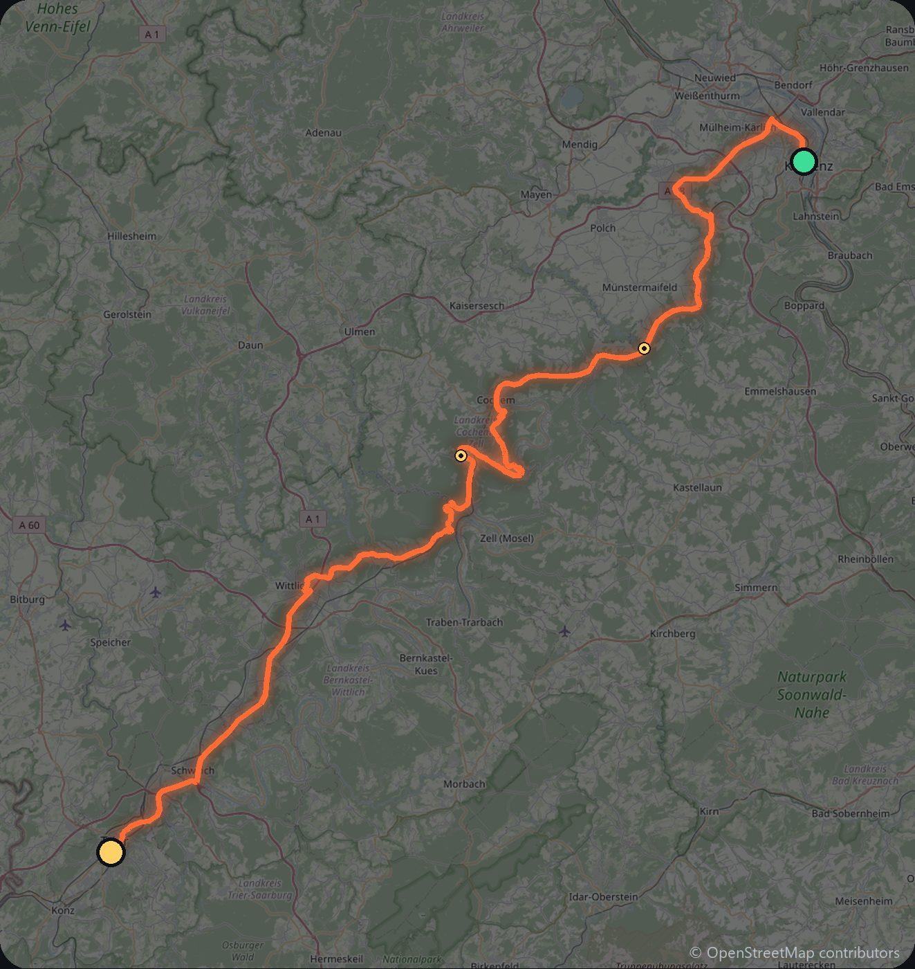 Map of the Koblenz to Trier driving route