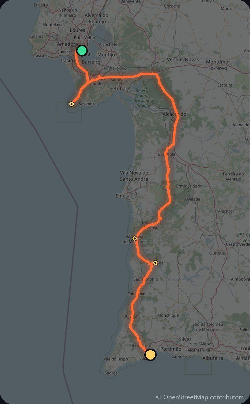Map of the Lisbon to Algarve driving route