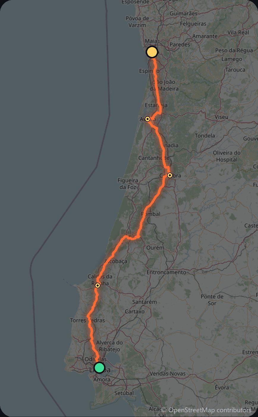 Map of the Lisbon to Porto driving route