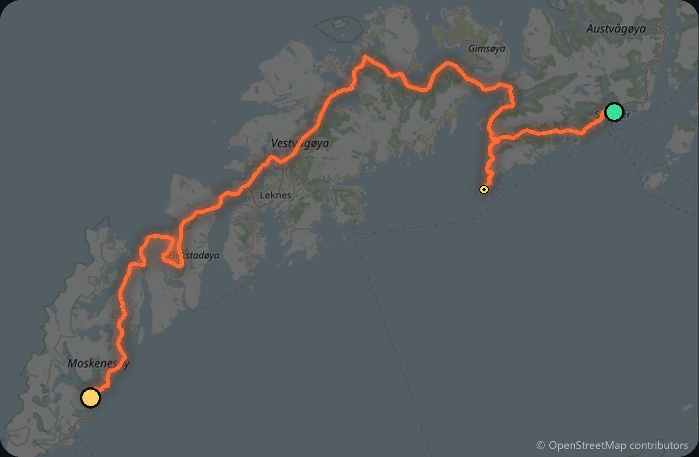 Map of the Svolvær to Reine driving route