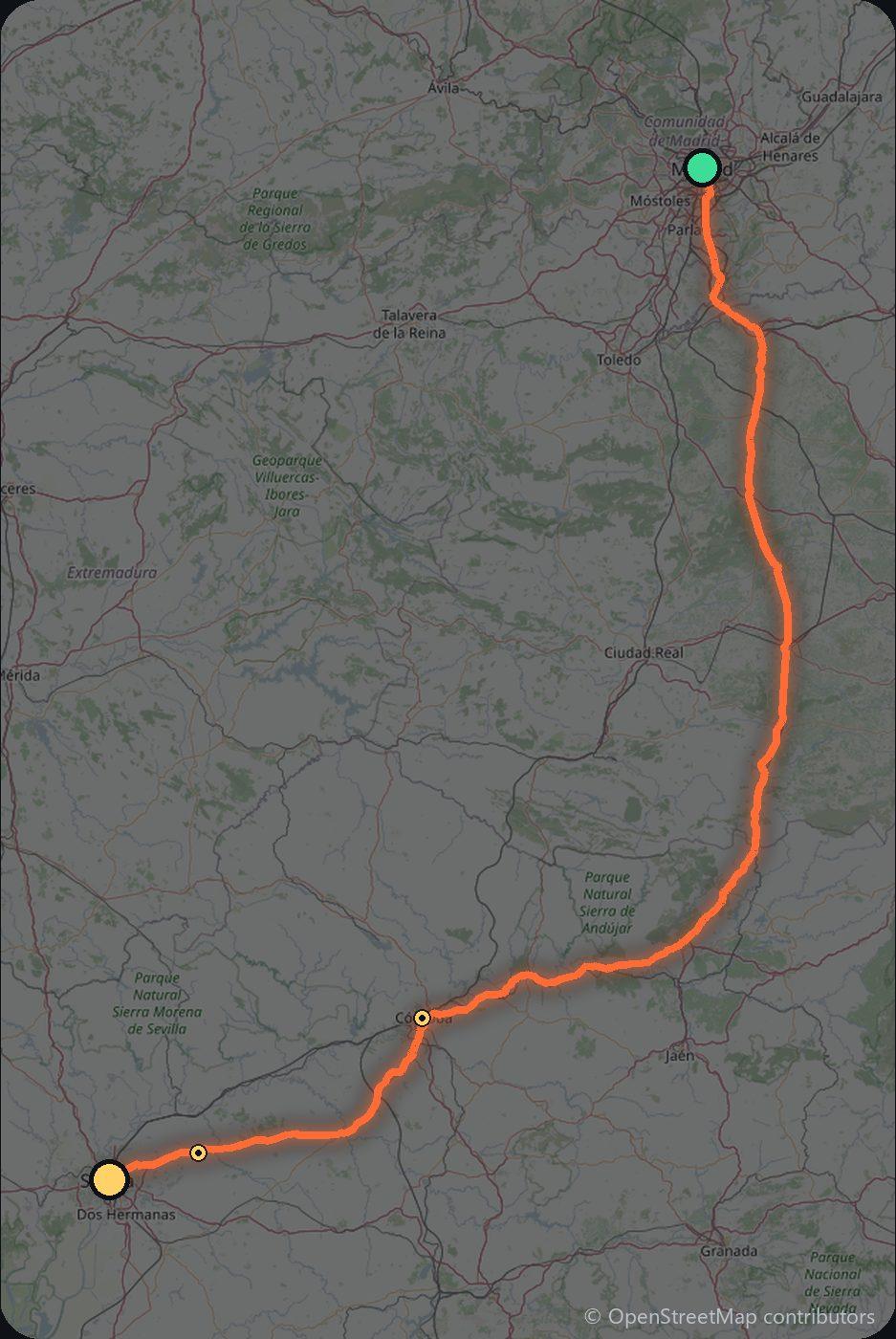 Map of the Madrid to Seville driving route