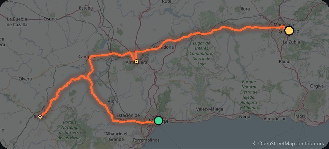 Map of the Málaga to Granada driving route