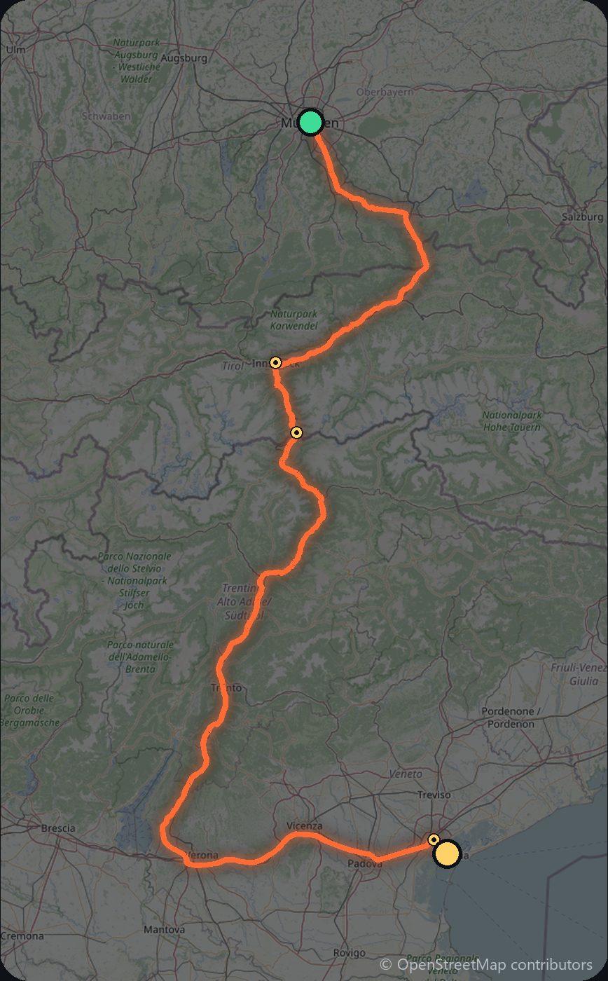 Map of the Munich to Venice driving route