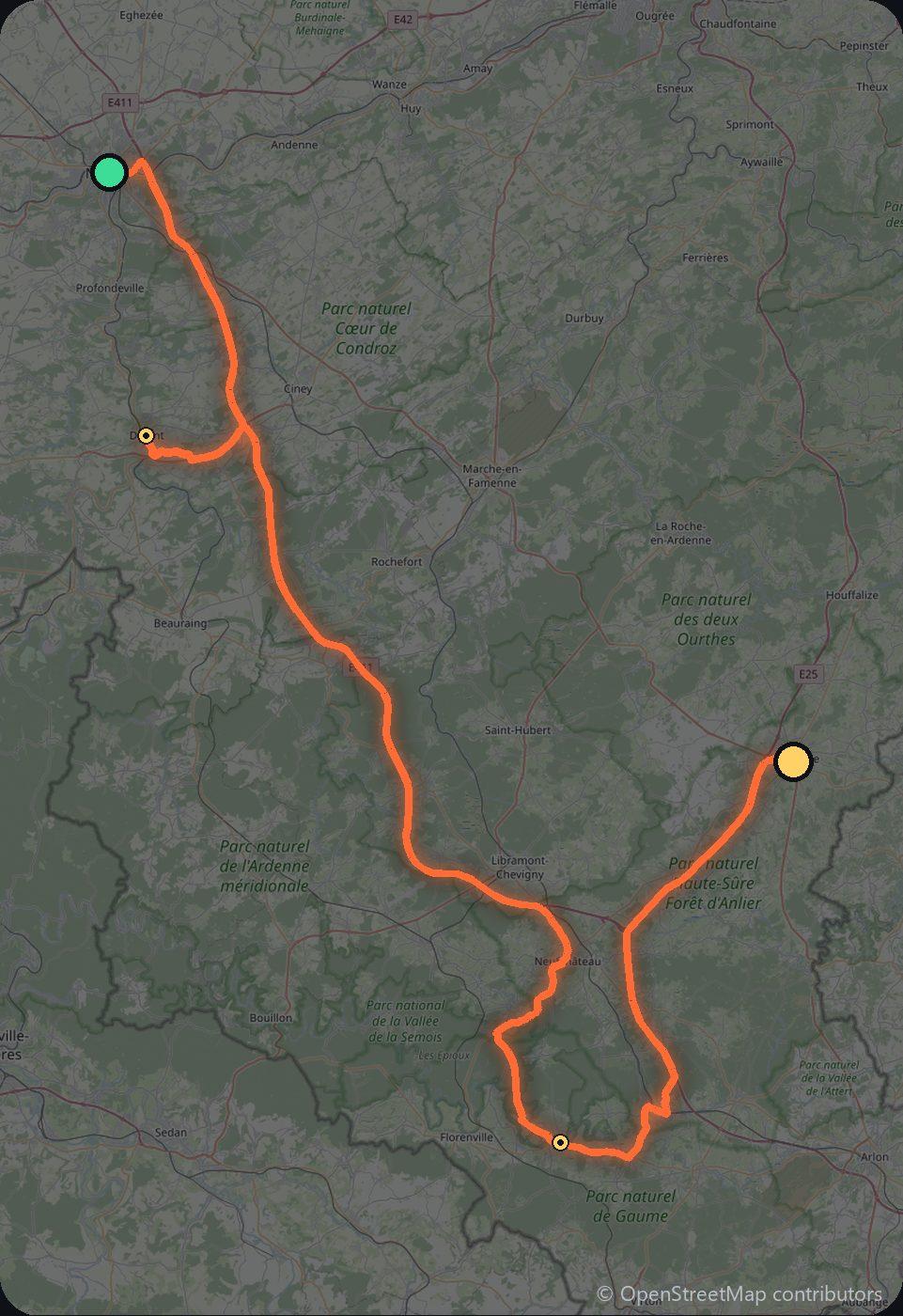 Map of the Namur to Bastogne driving route