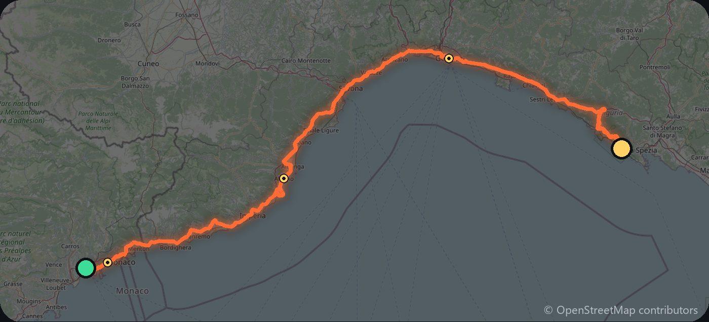 Map of the Nice to Cinque Terre driving route
