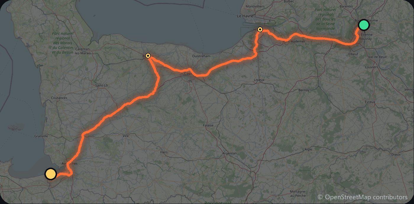 Map of the Rouen to Mont-Saint-Michel driving route