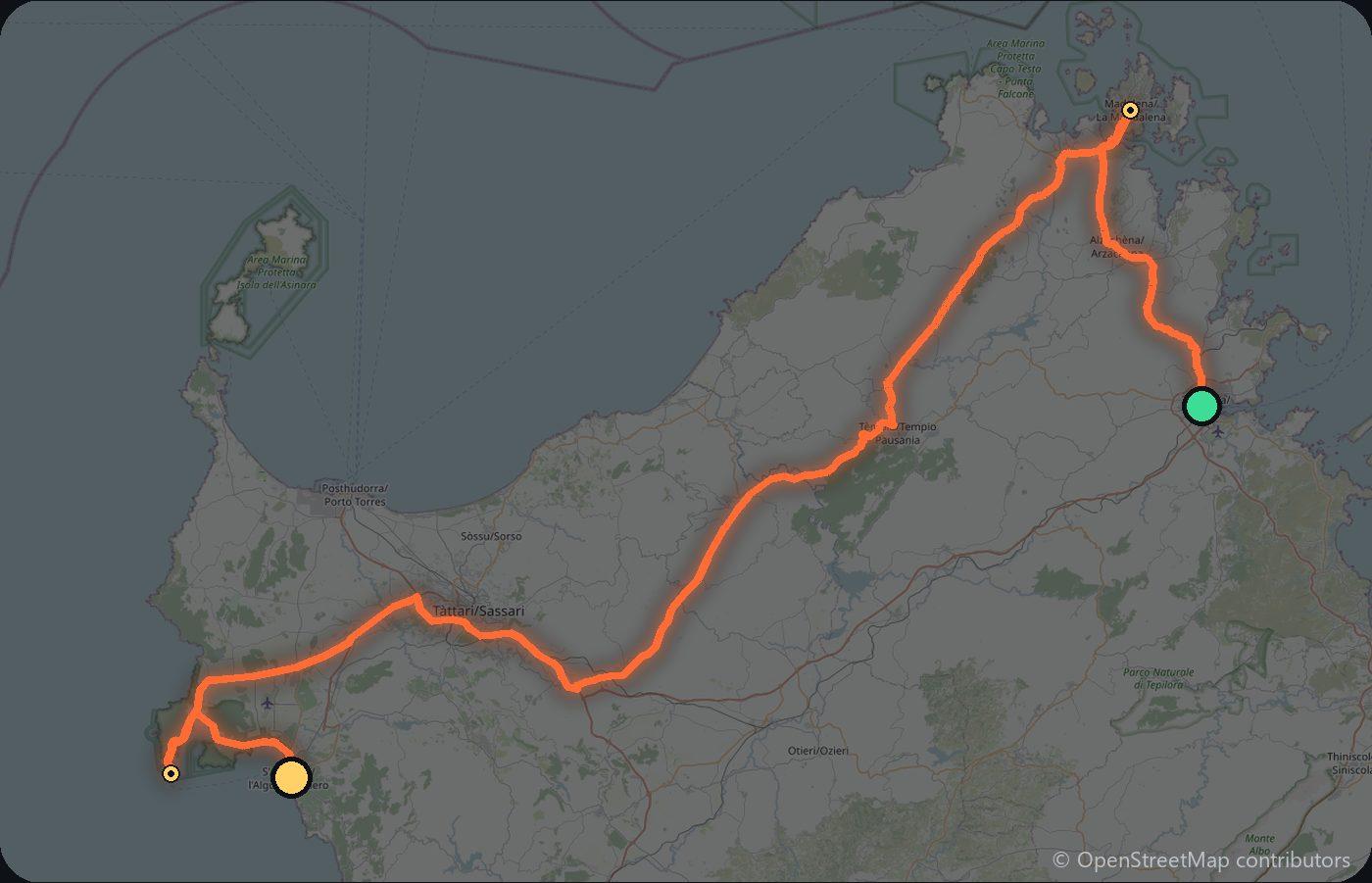 Map of the Olbia to Alghero driving route
