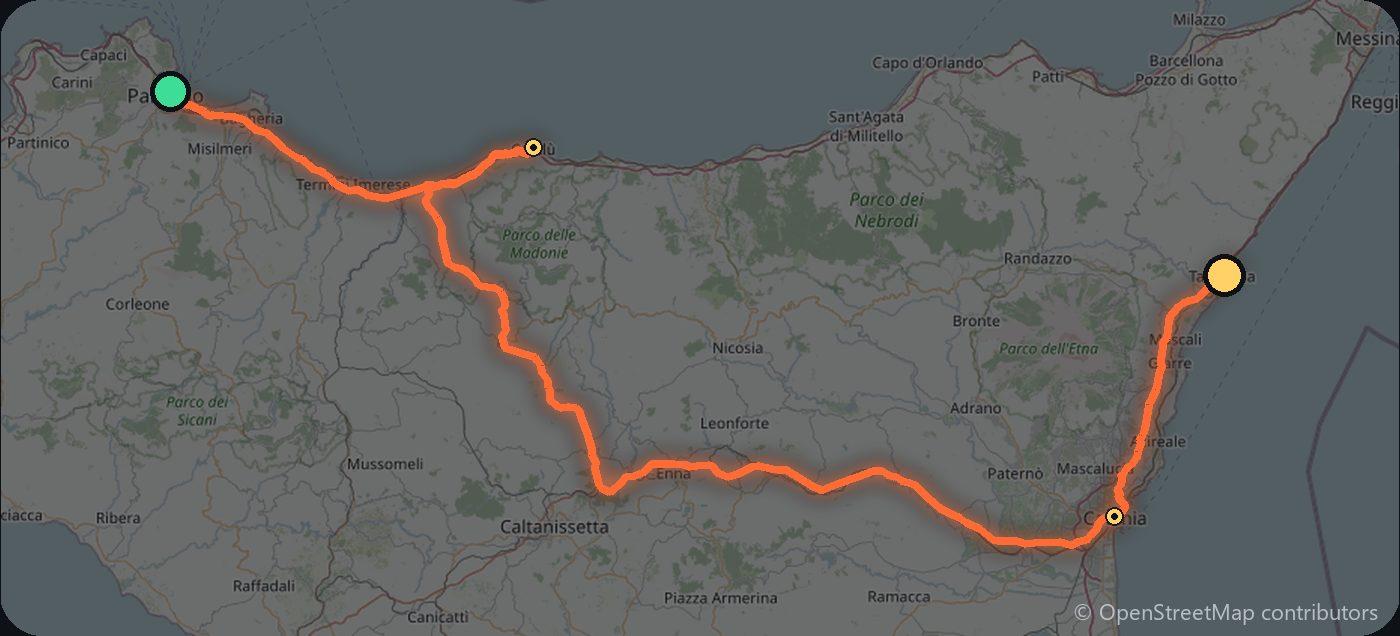 Map of the Palermo to Taormina driving route