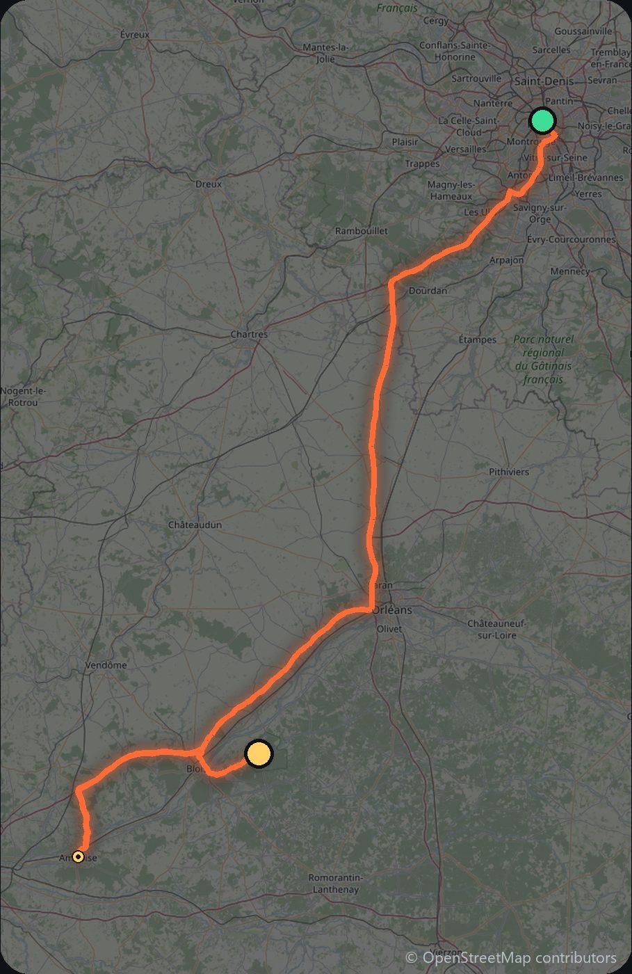 Map of the Paris to Loire Valley driving route