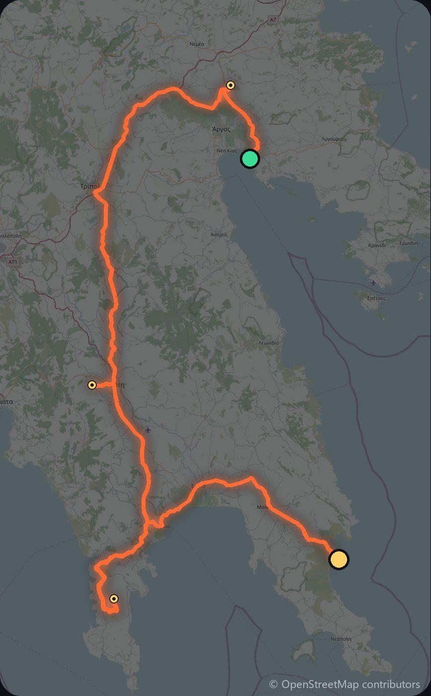 Map of the Nafplio to Monemvasia driving route