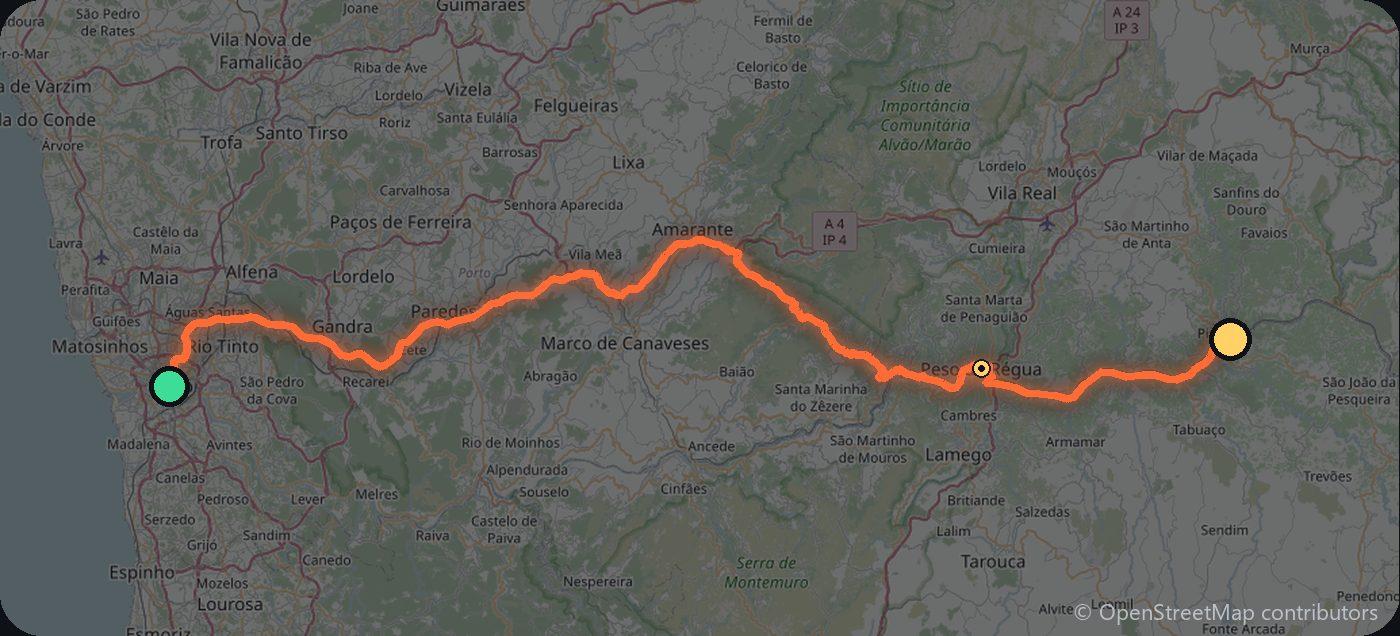 Map of the Porto to Pinhão driving route