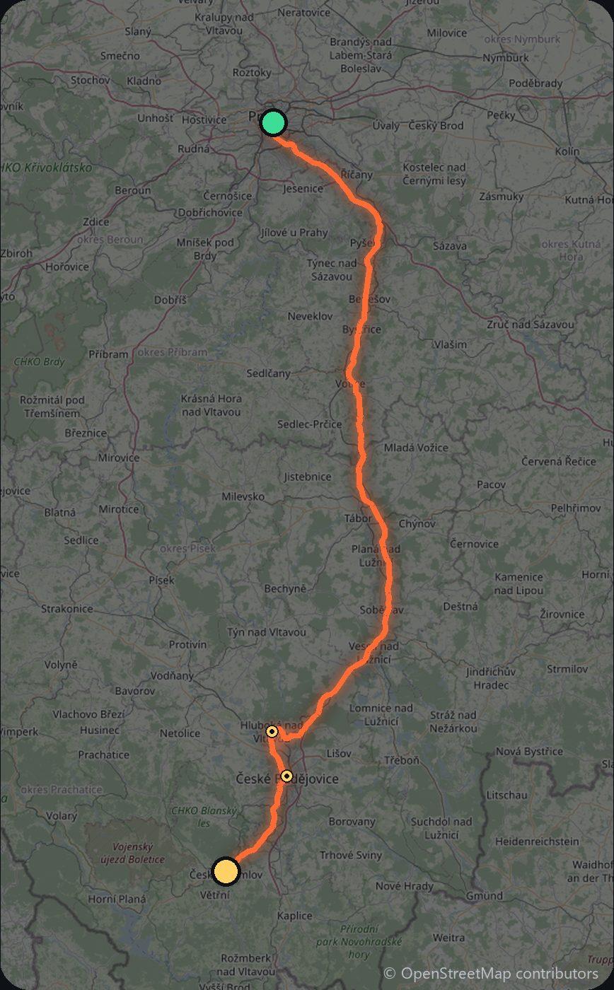 Map of the Prague to Český Krumlov driving route