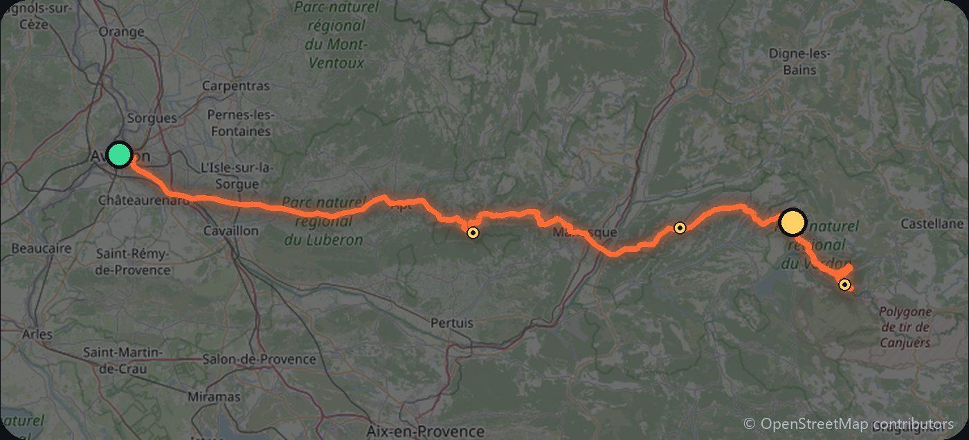 Map of the Avignon to Moustiers-Sainte-Marie driving route