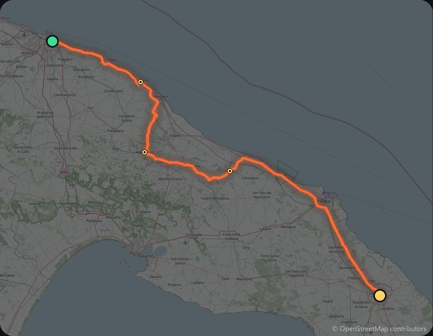 Map of the Bari to Lecce driving route