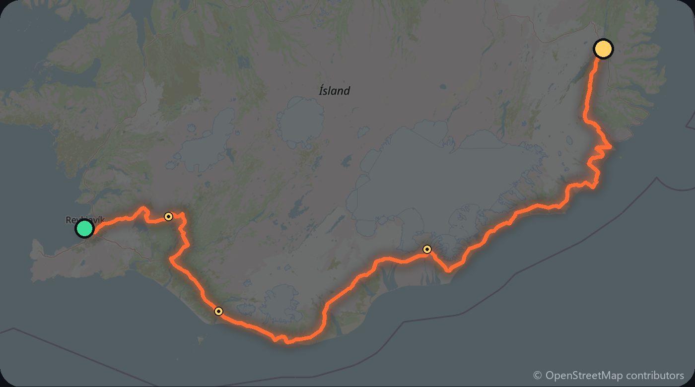 Map of the Reykjavík to Egilsstaðir driving route
