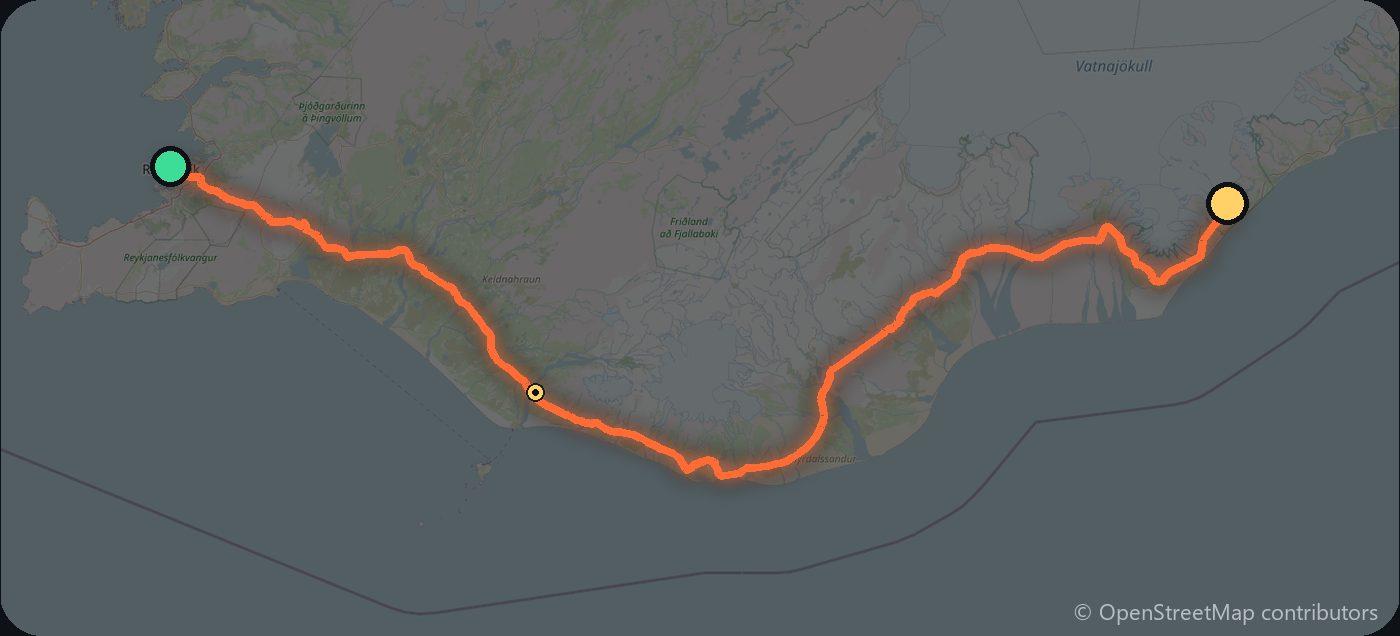 Map of the Reykjavik to Jökulsárlón driving route
