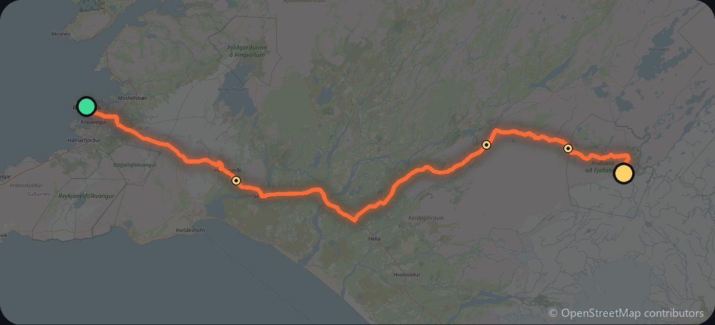 Map of the Reykjavík to Landmannalaugar driving route