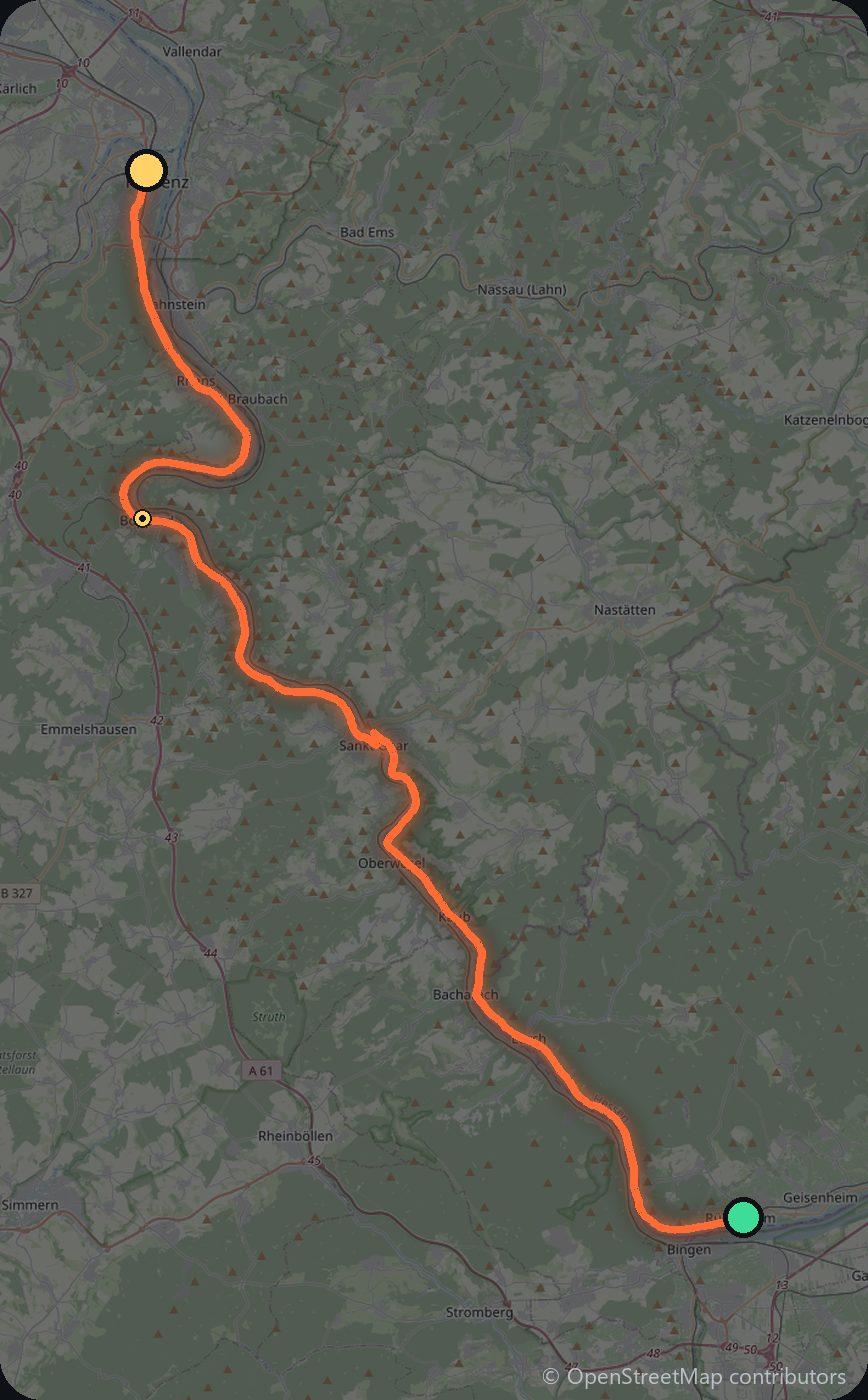Map of the Rüdesheim to Koblenz driving route