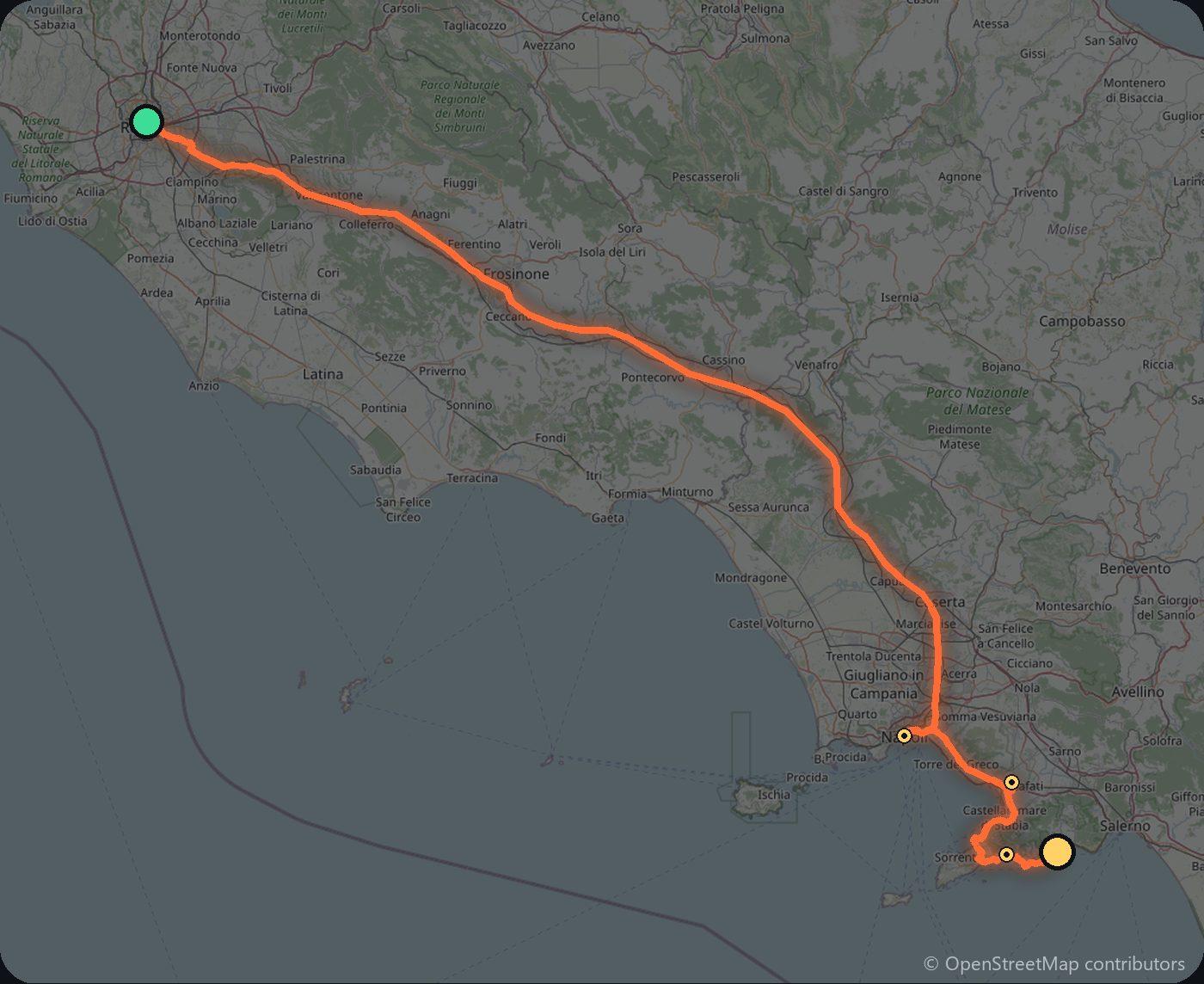Map of the Rome to Amalfi driving route