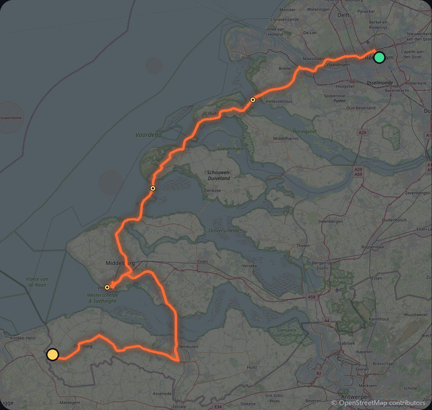 Map of the Rotterdam to Sluis driving route