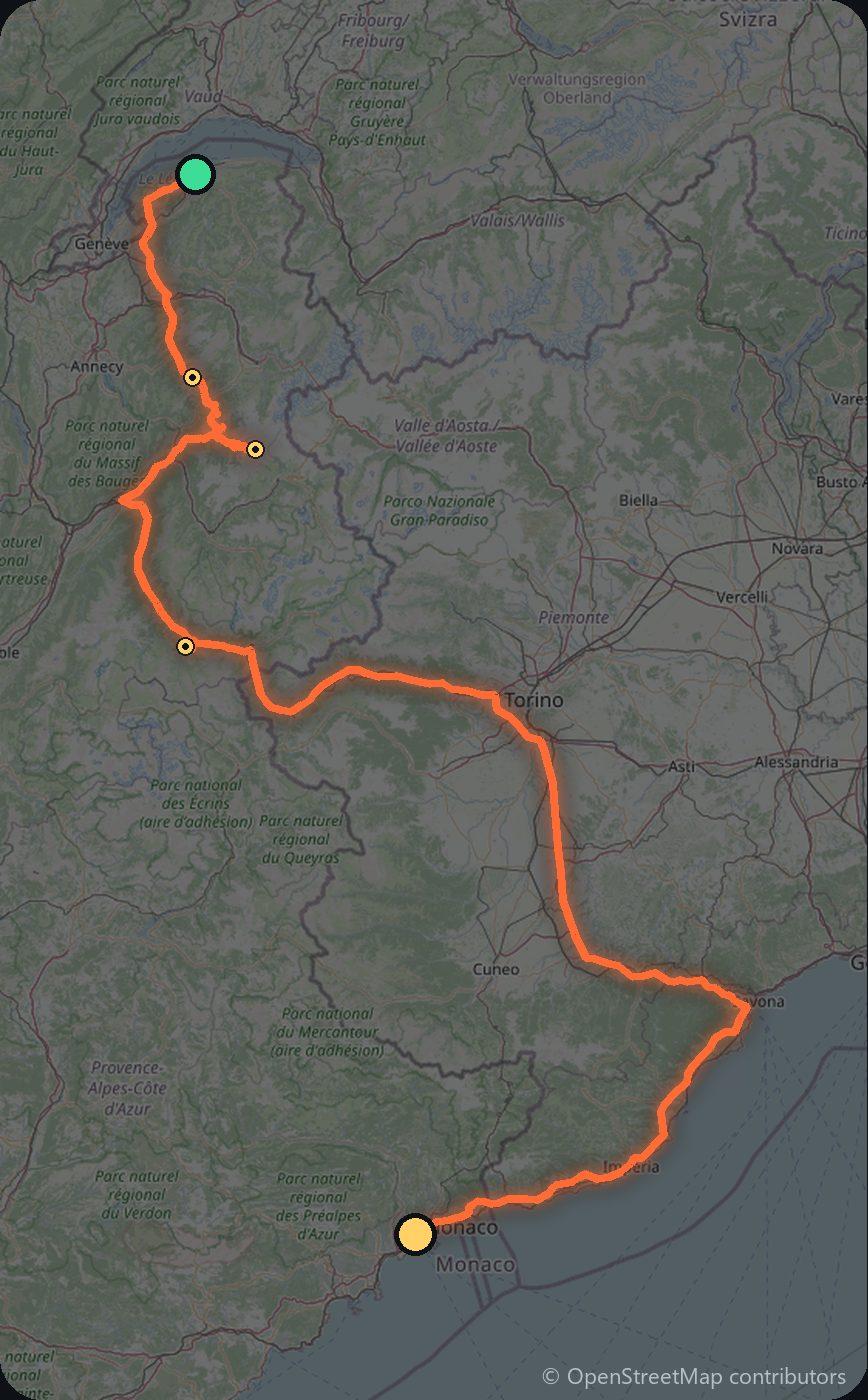 Map of the Thonon-les-Bains to Nice driving route