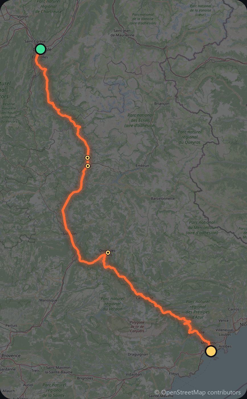 Map of the Grenoble to Cannes driving route