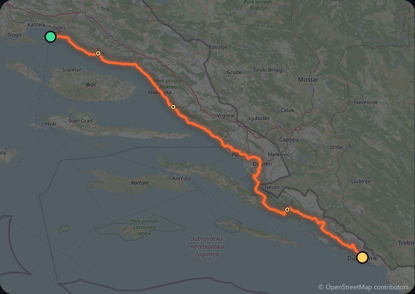 Map of the Split to Dubrovnik driving route