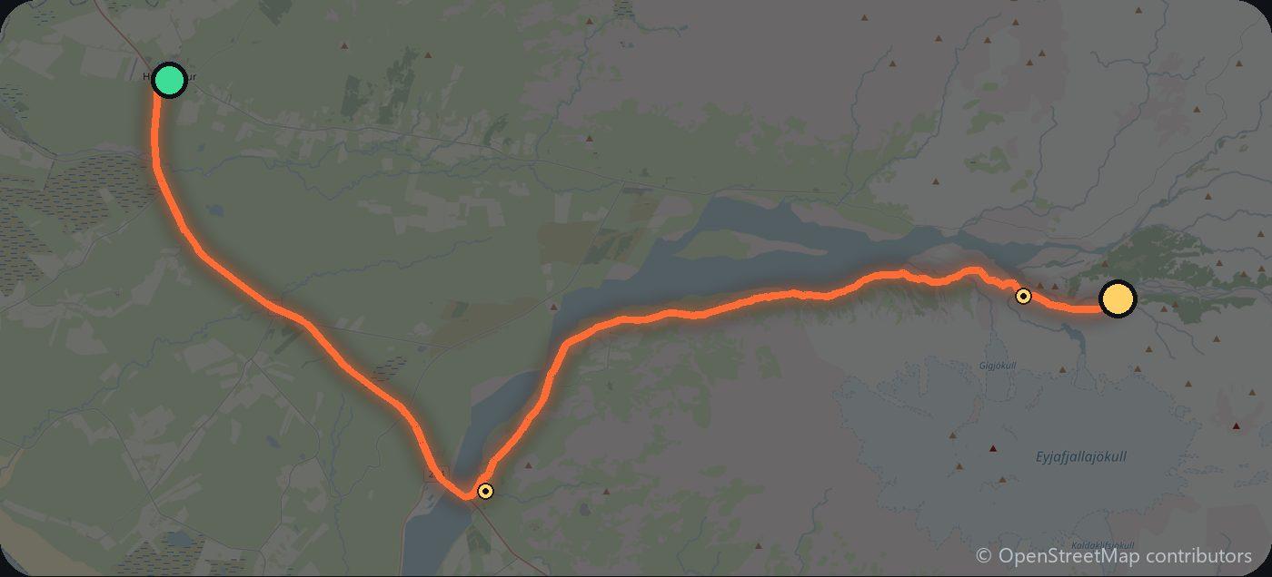 Map of the Hvolsvöllur to Þórsmörk driving route