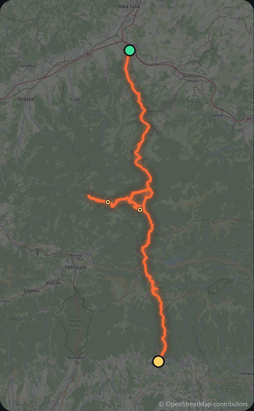 Map of the Sebeș to Novaci driving route