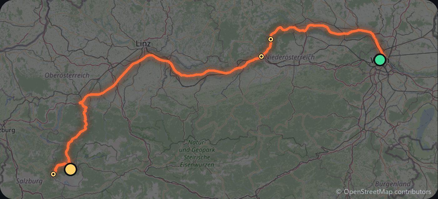 Map of the Vienna to Hallstatt driving route