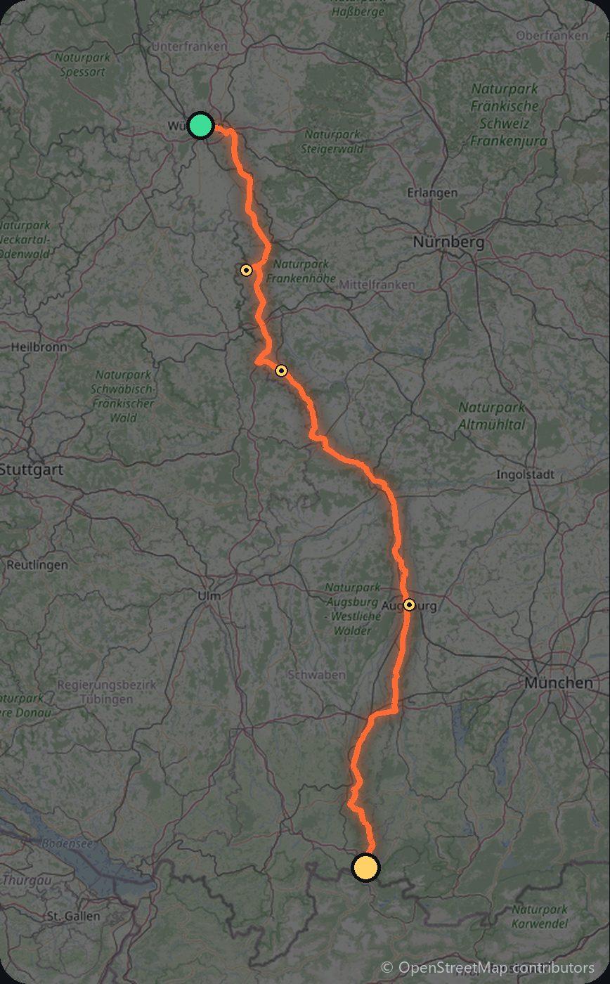 Map of the Würzburg to Füssen driving route
